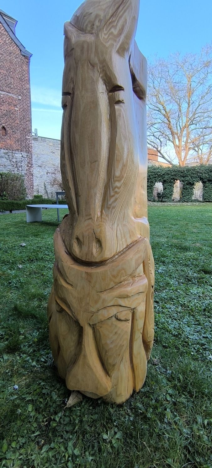 Tête de cheval sculptée dans un tronc clair, les traces de lame visibles dans le fil du bois.
